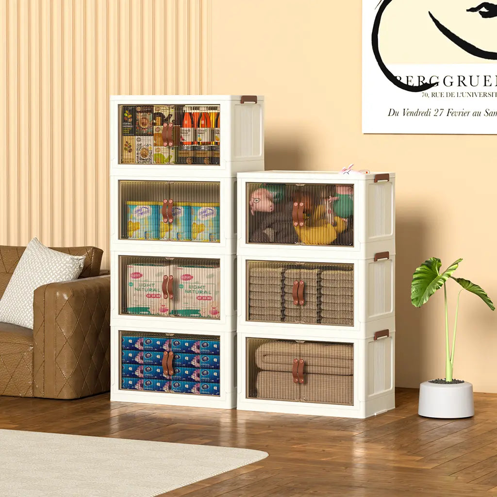 128QT Foldable Storage Bin with Lid, Magnetic Doors & 360° Wheels – Collapsible Organizer Box for Bathroom & Small Room, Multi-Size Available