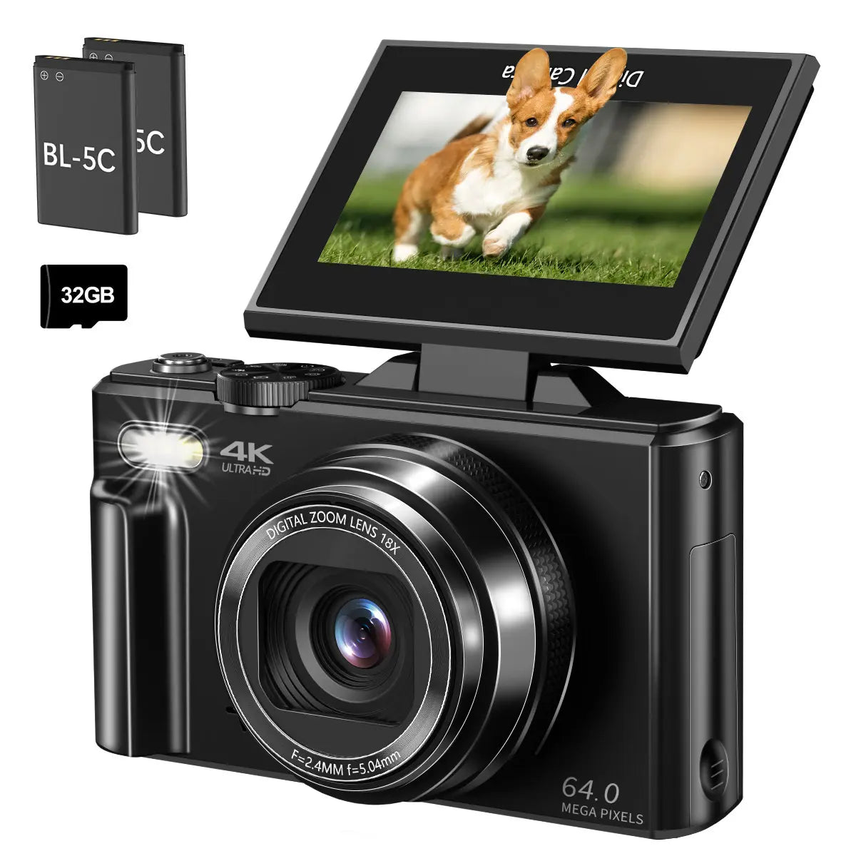 4K Digital Camera with 64MP, 180° Flip Screen, 18X Zoom, 2 Batteries & 32GB SD Card – Ideal Photography Gift