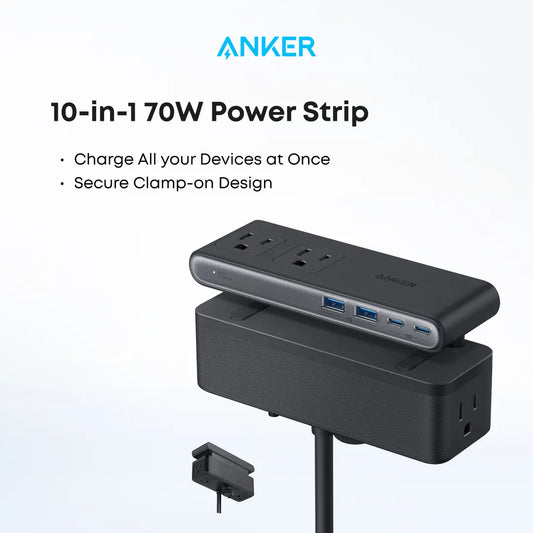 10-in-1 Desk Clamp Power Strip with Surge Protection, 6 AC, 2 USB-A & 2 USB-C, 5 ft Cord, Fits 0.6-1.8" Tabletop Edge – Home Office & Gaming Accessory