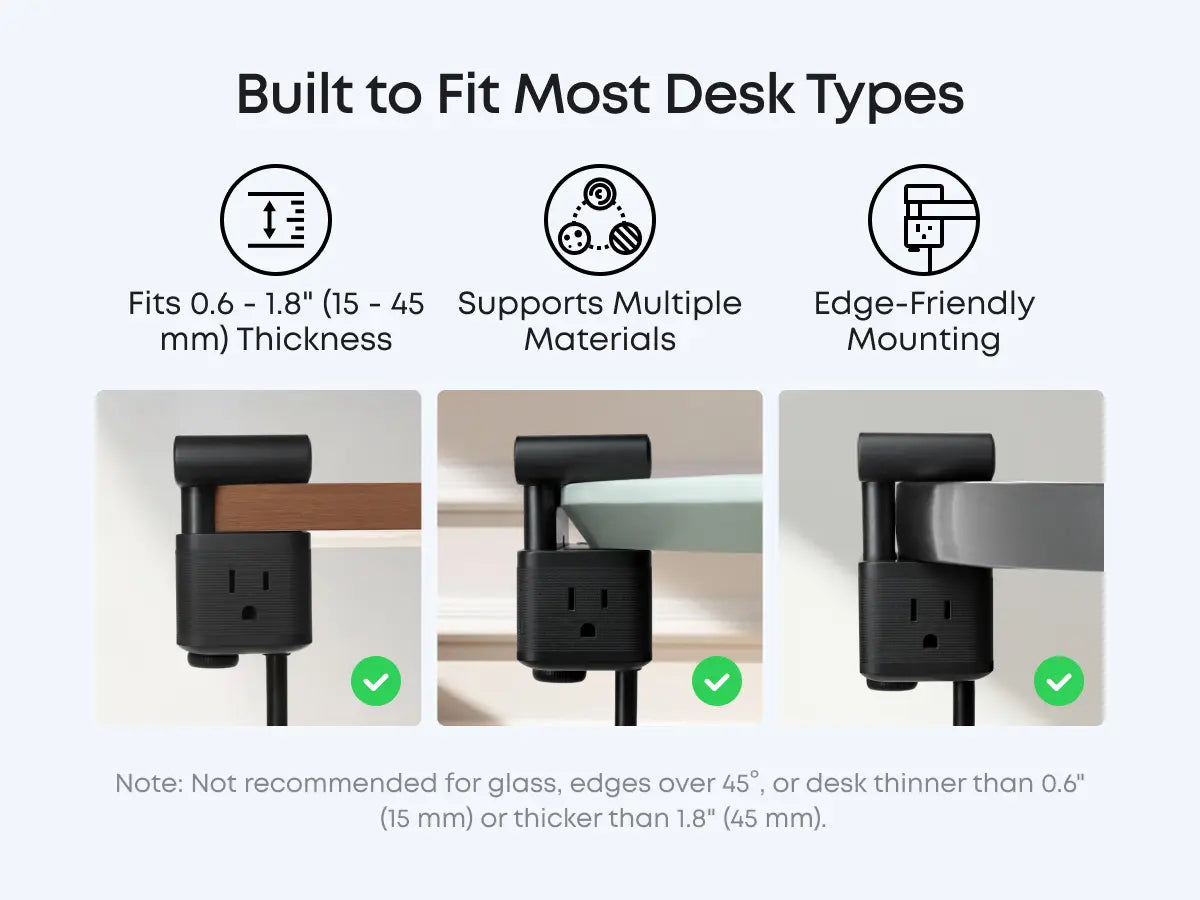 10-in-1 Desk Clamp Power Strip with Surge Protection, 6 AC, 2 USB-A & 2 USB-C, 5 ft Cord, Fits 0.6-1.8" Tabletop Edge – Home Office & Gaming Accessory
