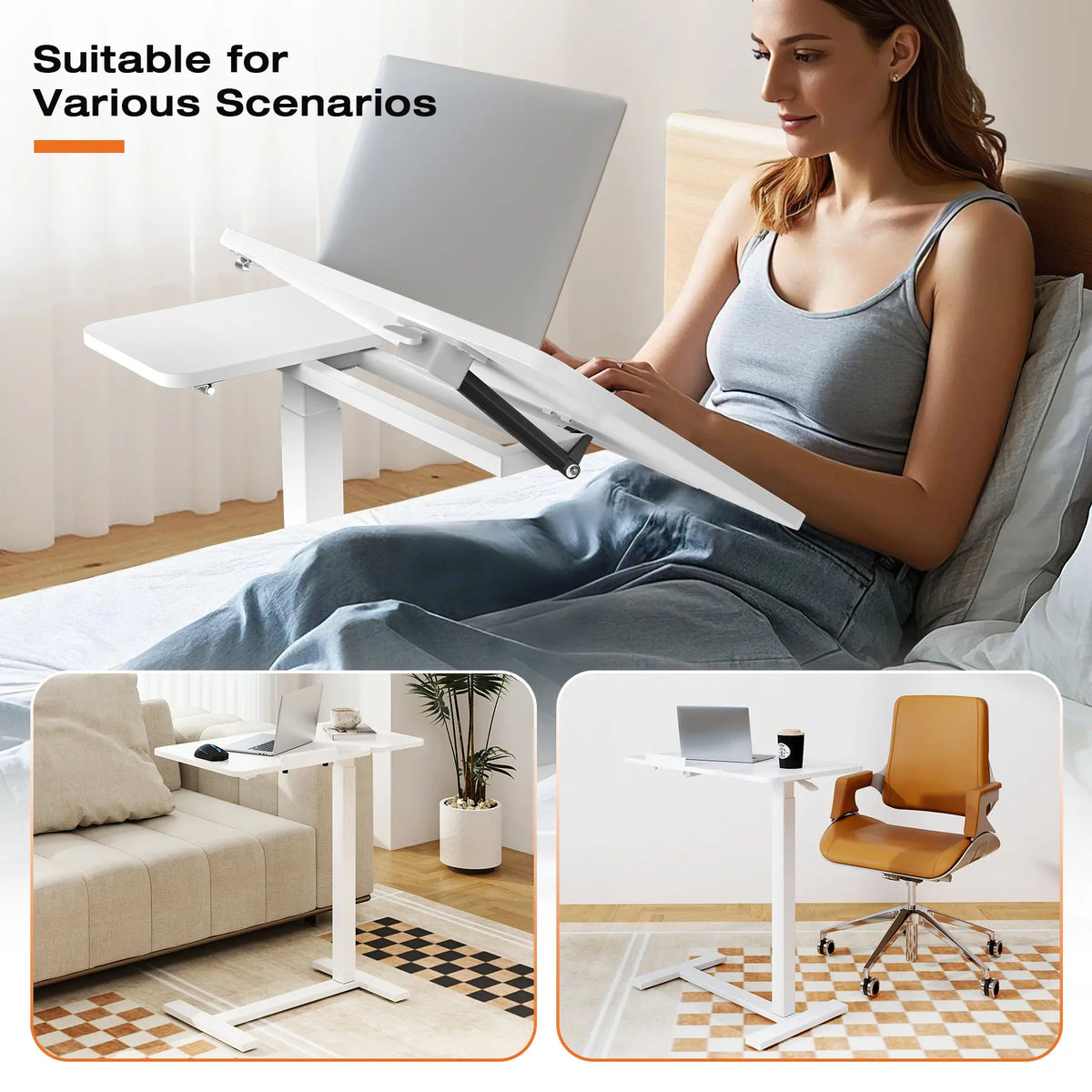 Adjustable Overbed Bedside Table with Wheels, Mobile Rolling Laptop Desk with Tilting Top & Height-Adjustable Tray