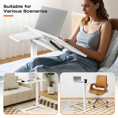 Adjustable Overbed Bedside Table with Wheels, Mobile Rolling Laptop Desk with Tilting Top & Height-Adjustable Tray