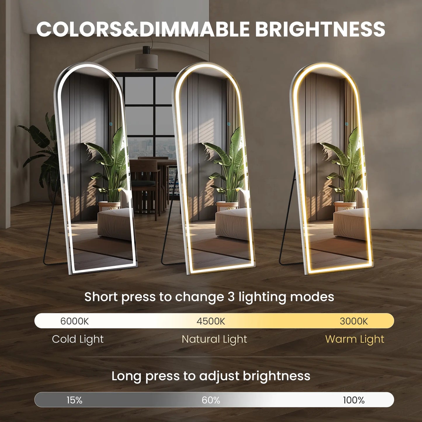 Full Length LED Floor Mirror with Dimming & 3 Color Lighting – Large Standing Mirror for Bedroom Decor