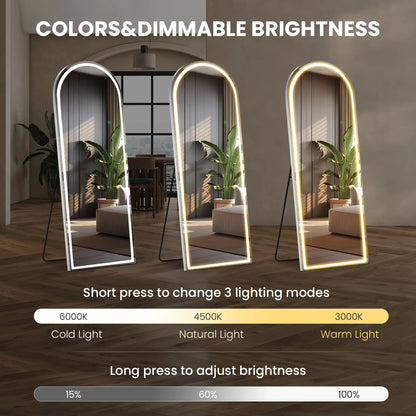 Full Length LED Floor Mirror with Dimming & 3 Color Lighting – Large Standing Mirror for Bedroom Decor
