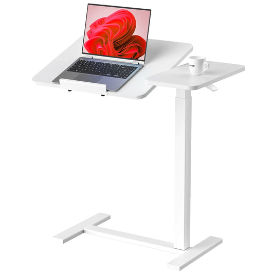 Adjustable Overbed Bedside Table with Wheels, Mobile Rolling Laptop Desk with Tilting Top & Height-Adjustable Tray