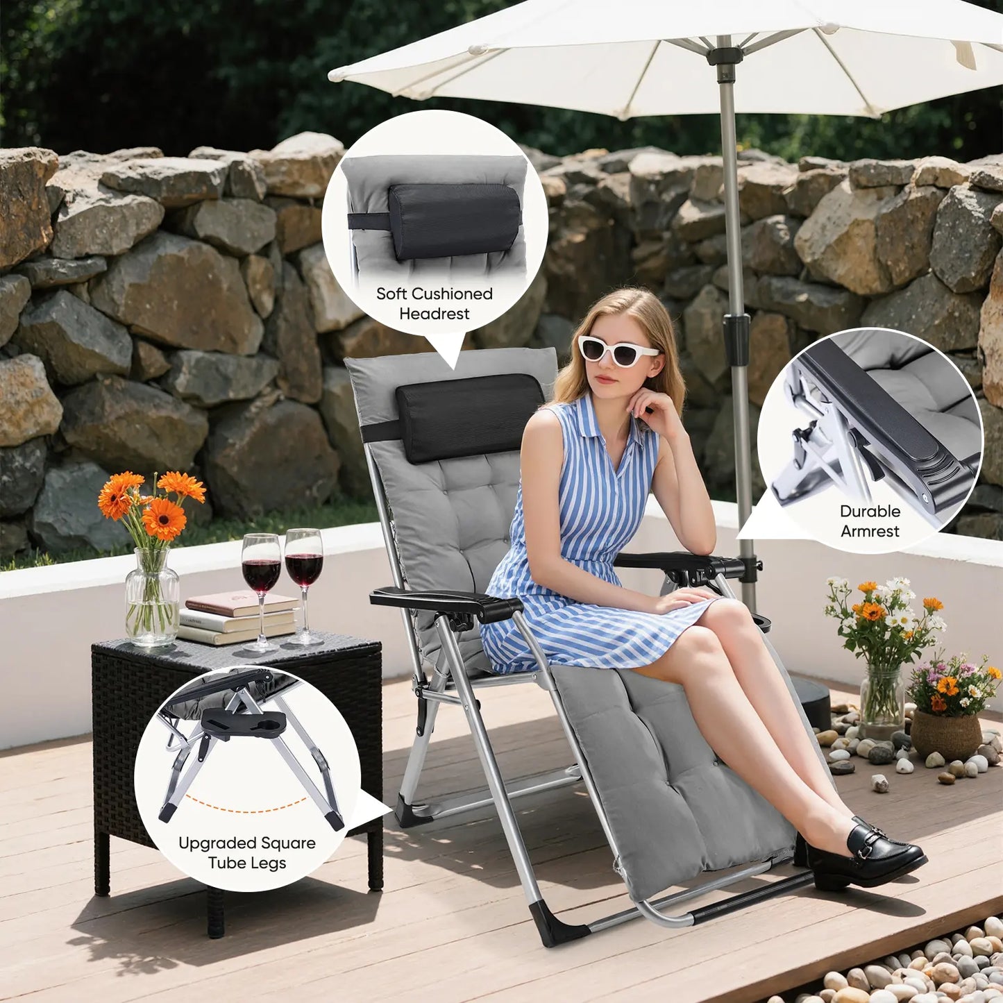 Foldable Zero Gravity Recliner Chair with Cup Holder & Removable Cushion – Outdoor Patio & Camping Chair