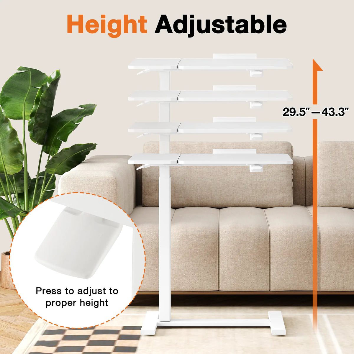 Adjustable Overbed Bedside Table with Wheels, Mobile Rolling Laptop Desk with Tilting Top & Height-Adjustable Tray