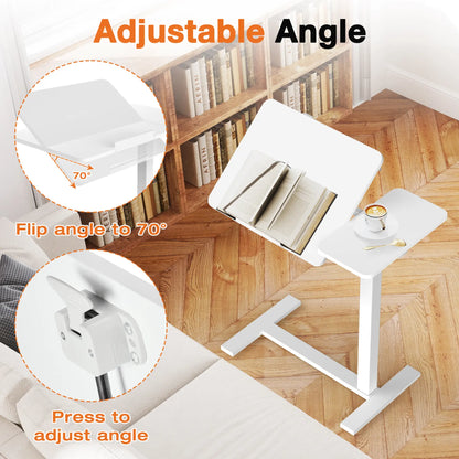 Adjustable Overbed Bedside Table with Wheels, Mobile Rolling Laptop Desk with Tilting Top & Height-Adjustable Tray