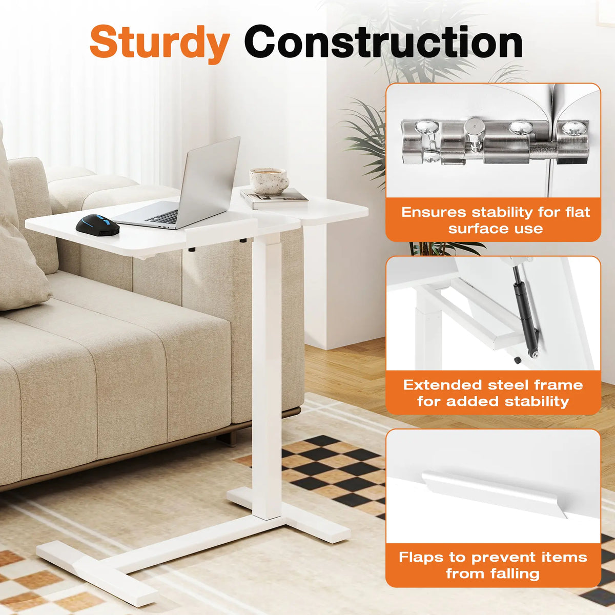 Adjustable Overbed Bedside Table with Wheels, Mobile Rolling Laptop Desk with Tilting Top & Height-Adjustable Tray