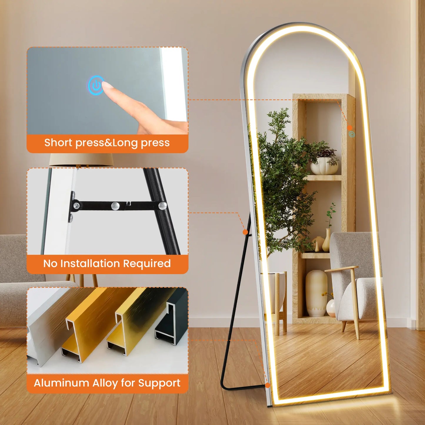 Full Length LED Floor Mirror with Dimming & 3 Color Lighting – Large Standing Mirror for Bedroom Decor