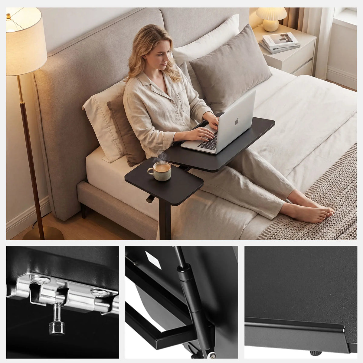 Adjustable Overbed Bedside Table with Wheels, Mobile Rolling Laptop Desk with Tilting Top & Height-Adjustable Tray