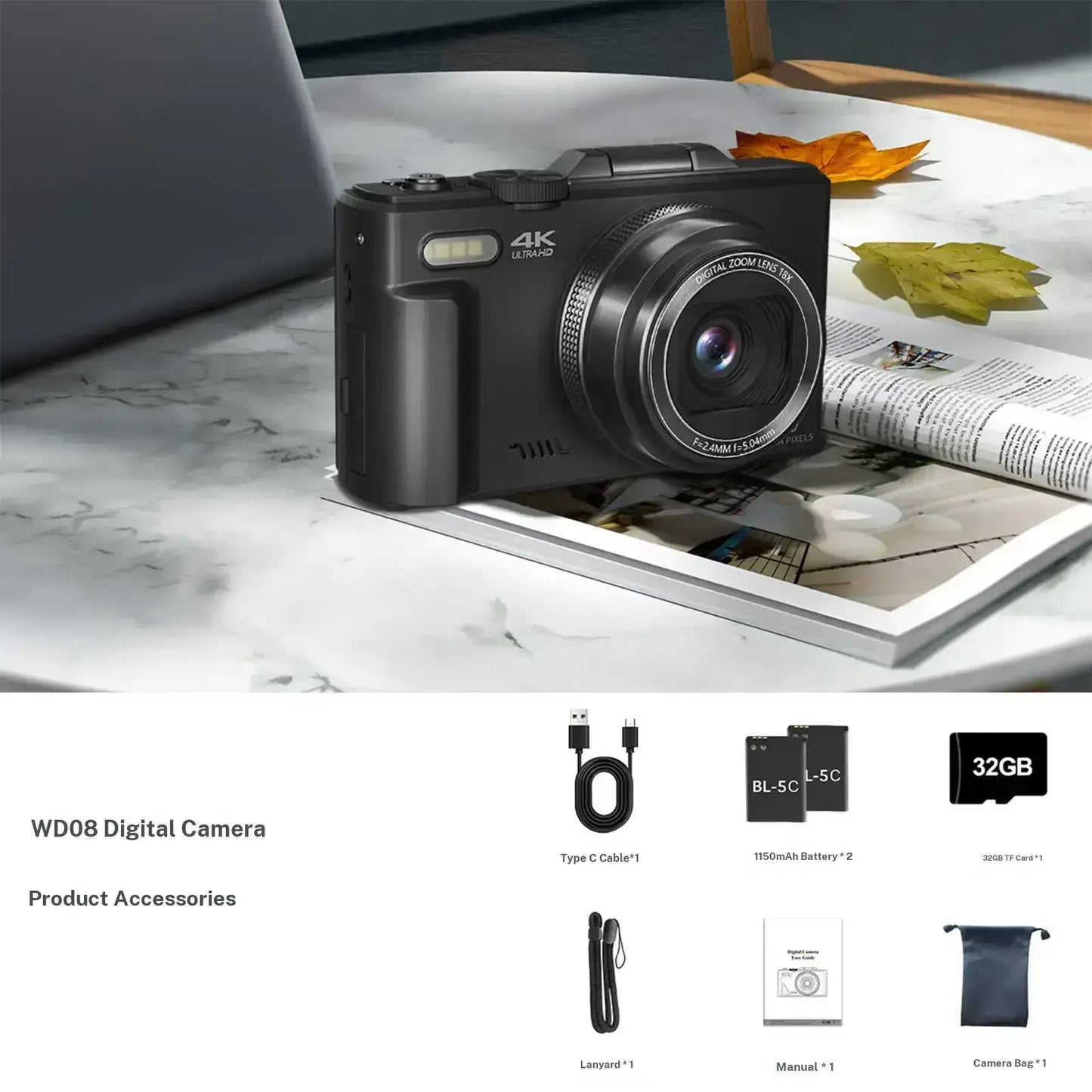4K Digital Camera with 64MP, 180° Flip Screen, 18X Zoom, 2 Batteries & 32GB SD Card – Ideal Photography Gift