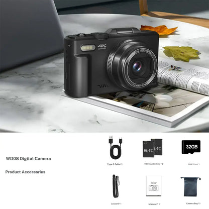 4K Digital Camera with 64MP, 180° Flip Screen, 18X Zoom, 2 Batteries & 32GB SD Card – Ideal Photography Gift