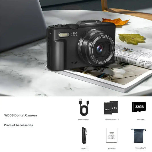 4K Digital Camera with 64MP, 180° Flip Screen, 18X Zoom, 2 Batteries & 32GB SD Card – Ideal Photography Gift