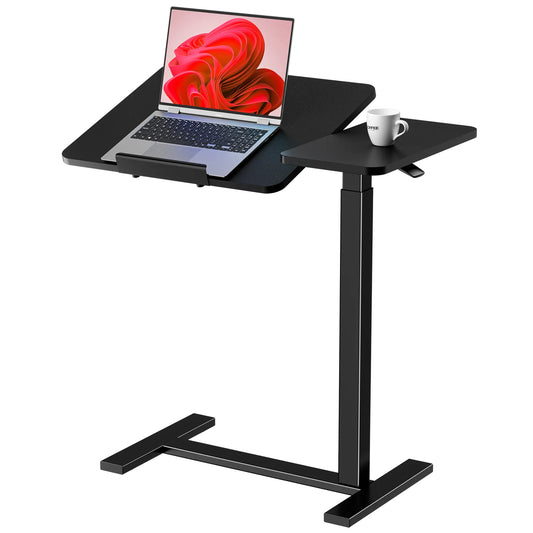 Adjustable Overbed Bedside Table with Wheels, Mobile Rolling Laptop Desk with Tilting Top & Height-Adjustable Tray