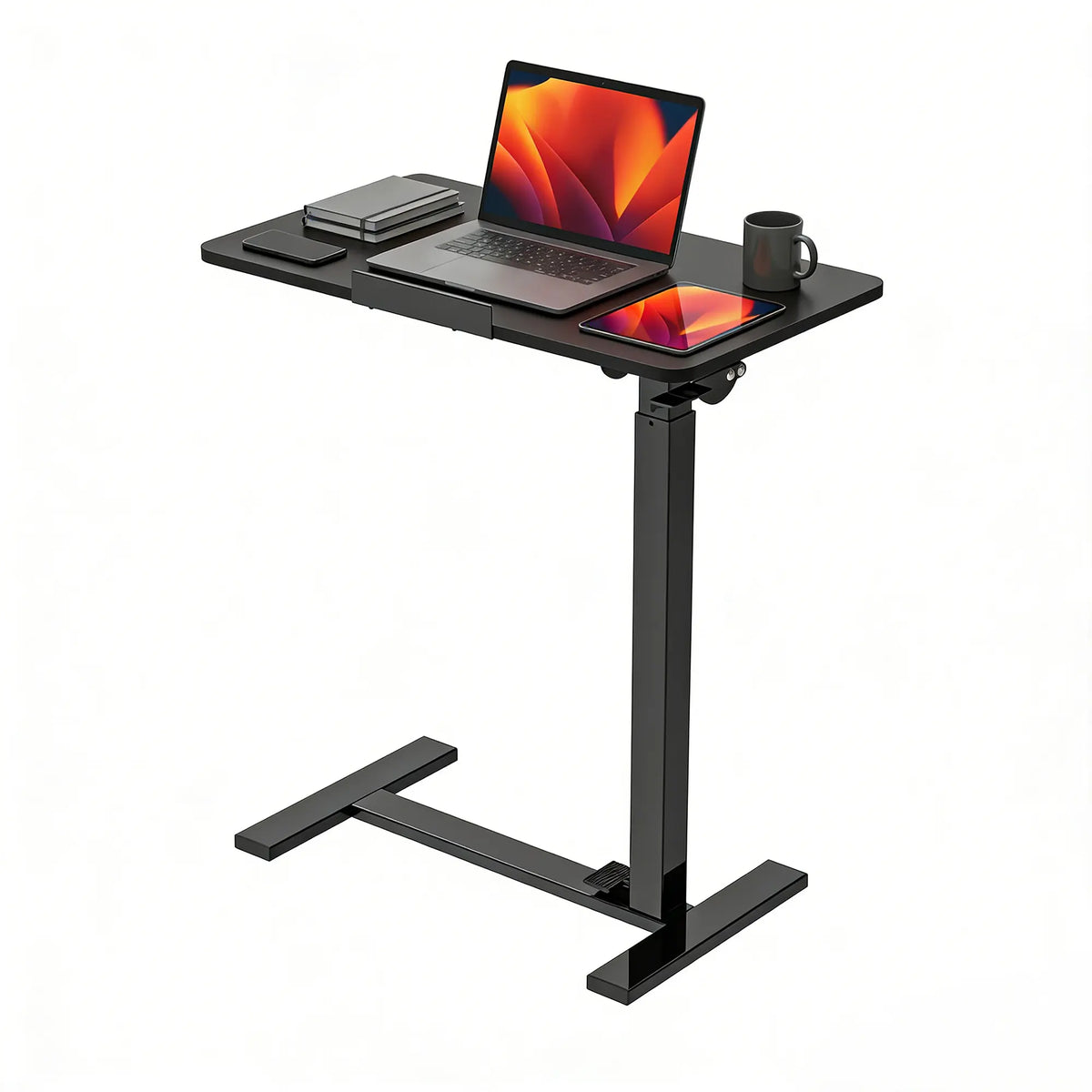 Adjustable Overbed Bedside Table with Wheels, Mobile Rolling Laptop Desk with Tilting Top & Height-Adjustable Tray